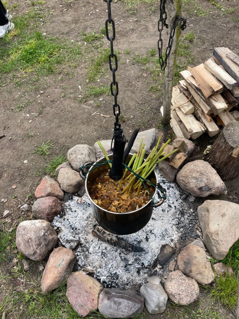A pot hovering over a smoldering pile of ashes in an open fireplace hanging by a chain