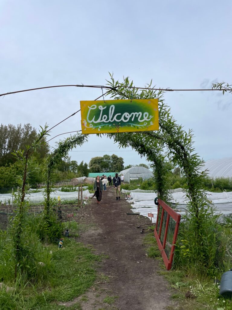 Welcome sign on a greenery covered arch
